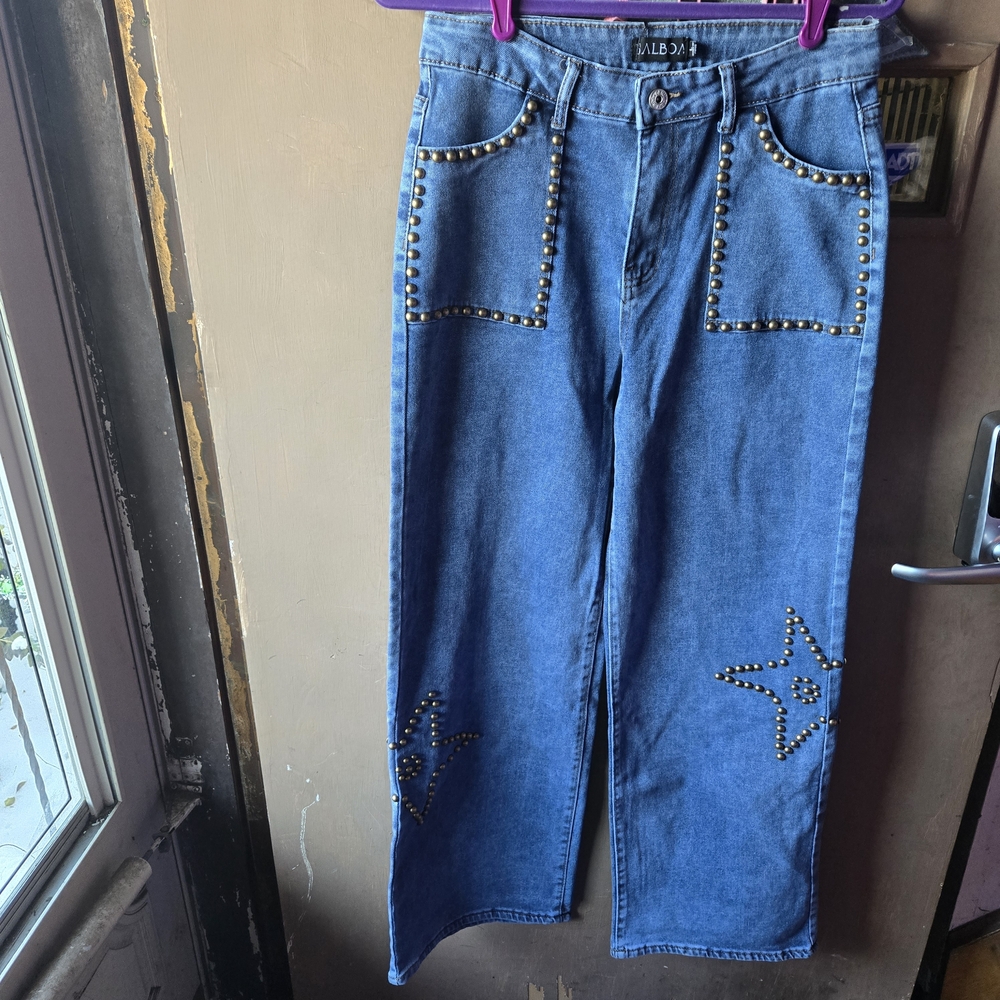Stretchy Beautiful Blue Wash High-waisted Wide-Leg Star-studded Jeans ⭐️